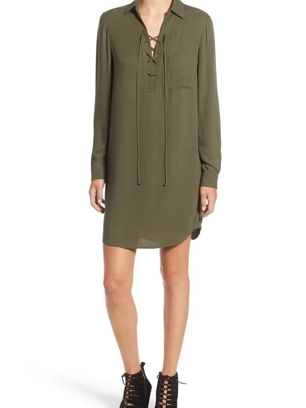 Wayf Olive Lace-Up Long Sleeve Shirt Dress